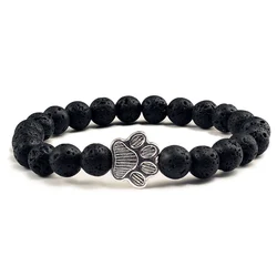 Naturalny matowy czarny lawa wulkaniczny kamień Paw Print Charm bransoletka Homme Femme pamiątkowa biżuteria z motywem zwierząt domowych kot dla miłośników psów biżuteria bransoletki prezenty