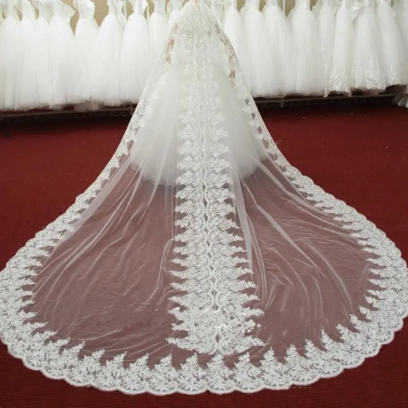 Real Picture 3M 1Layer Cathedral Veils Middle Edge Lace Applique Length Wedding Veil Custom White Ivory Free Comb