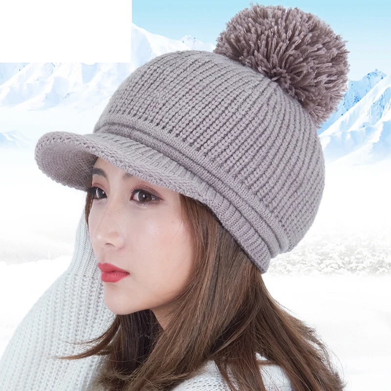 Kagenmo High Quality Knit Rabbit Cotton Blended Women Winter Hat Short Brim Bouncy Visor Double Keep Warm Winter Cap