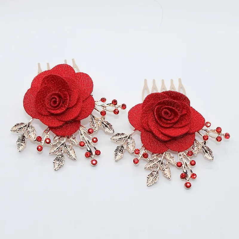 Handmade Red Flower Bridesmaid Headdress Bride Hair Comb Crystal Headpiece Wedding Headband Bridal Women Hair Accessories image 3