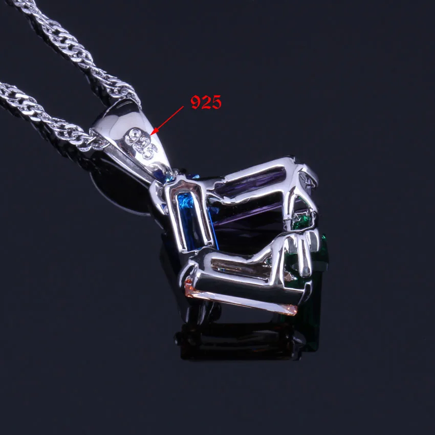 Quadrilateral Multigem Multicolor Cubic Zirconia Silver Plated Jewelry Sets Earrings Pendant Chain Ring V0975