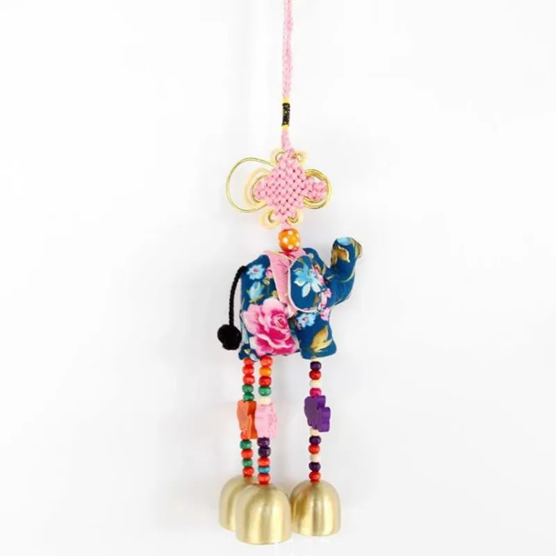 New Thailand Style Hang Decorations Floral Cloth Elephant Key Chain Colorful Woolen Balls Wood Beaded Pendant Minority Jewelry