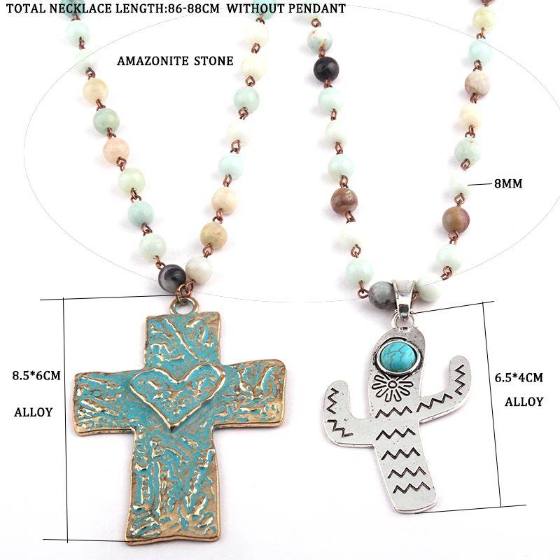 Fashion Bohemian Tribal Artisan Jewelry Amazonite Stones Bead with Moon Star, Cross, Cactus Charm Pendant Lady Necklace