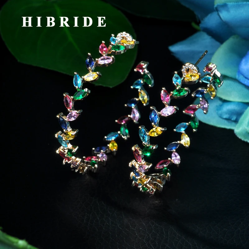 

HIBRIDE Luxury Cubic Zircon Round shape Big Hoop Earrings for Women Wedding Crystal CZ Party Jewelry Engagement Earring E-43