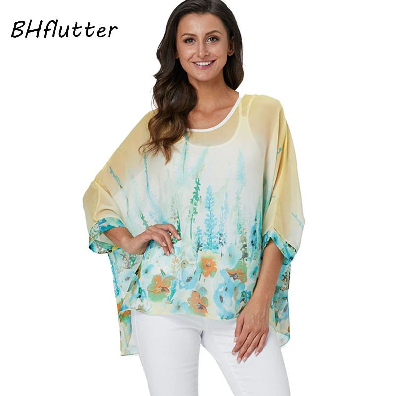 BHflutter Women Blouses 2019 Batwing Floral Print Chiffon Blouse Shirt Ladies Vintage Summer Tunic Tops Plus Size blusa mujer