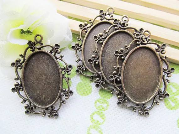 5pcs Antique Silver tone/Antique Bronze Oval Flower Border Base Setting Tray Bezel Pendant Charm,Fit 20mmx30mm Cabochon/Cameo