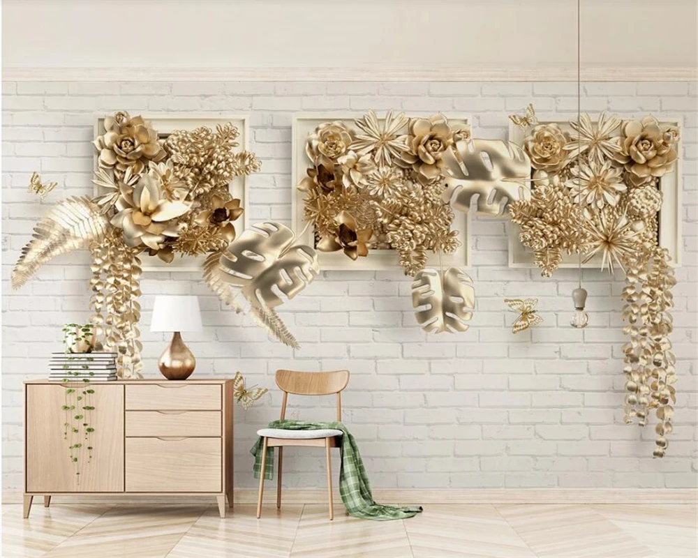 

Beibehang wallpaper for living room Golden embossed leaves 3d picture frame brick wall TV background wall mural 3d wallpaper