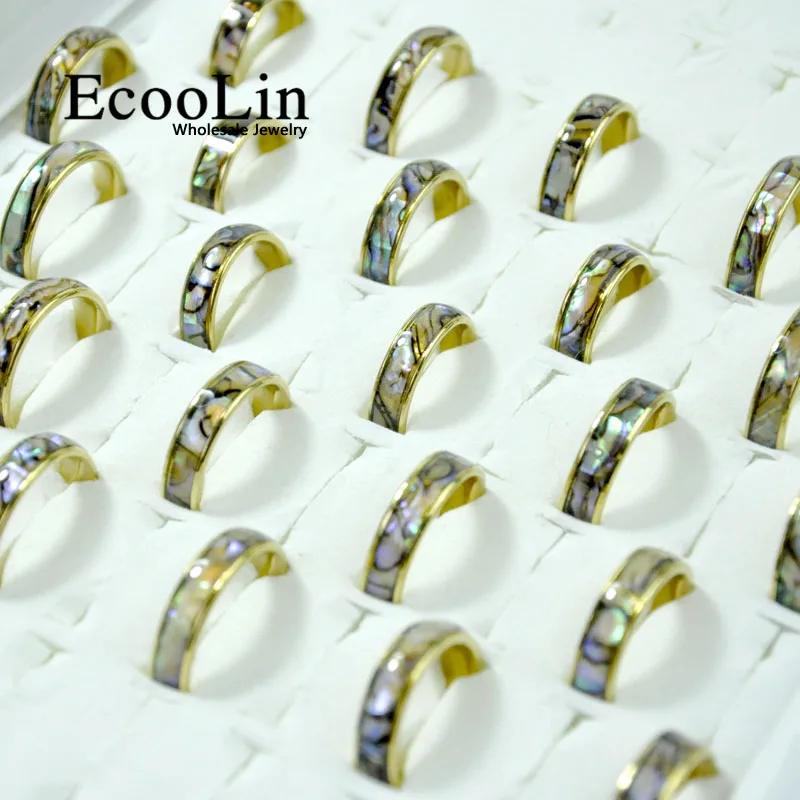 50Pcs EcooLin Brand Fashion Natural Shellfish Abalone Shell Stainless Steel Rings For Women Jewelry Lots Bulk LR4028