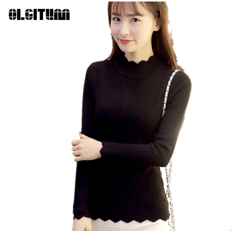 

OLGITUM 2020 Autumn Winter Korean Women Knitted Sweaters Fashion Casual High Neck Long Sleeve Slim Fit Pullovers Coat SW511