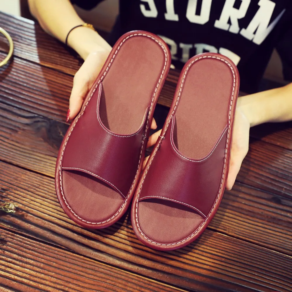 Leather Slippers Men and Women Couple Home Non-slip Waterproof Breathable Scalp Slippers Summer Home Casual Shoes