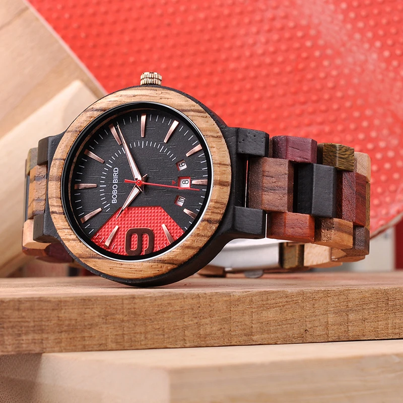 Relogio Masculino BOBO BIRD Men Watch Wood Timepiece Auto Date Colorful Band Military Wristwatch Gift Wooden Box To Father