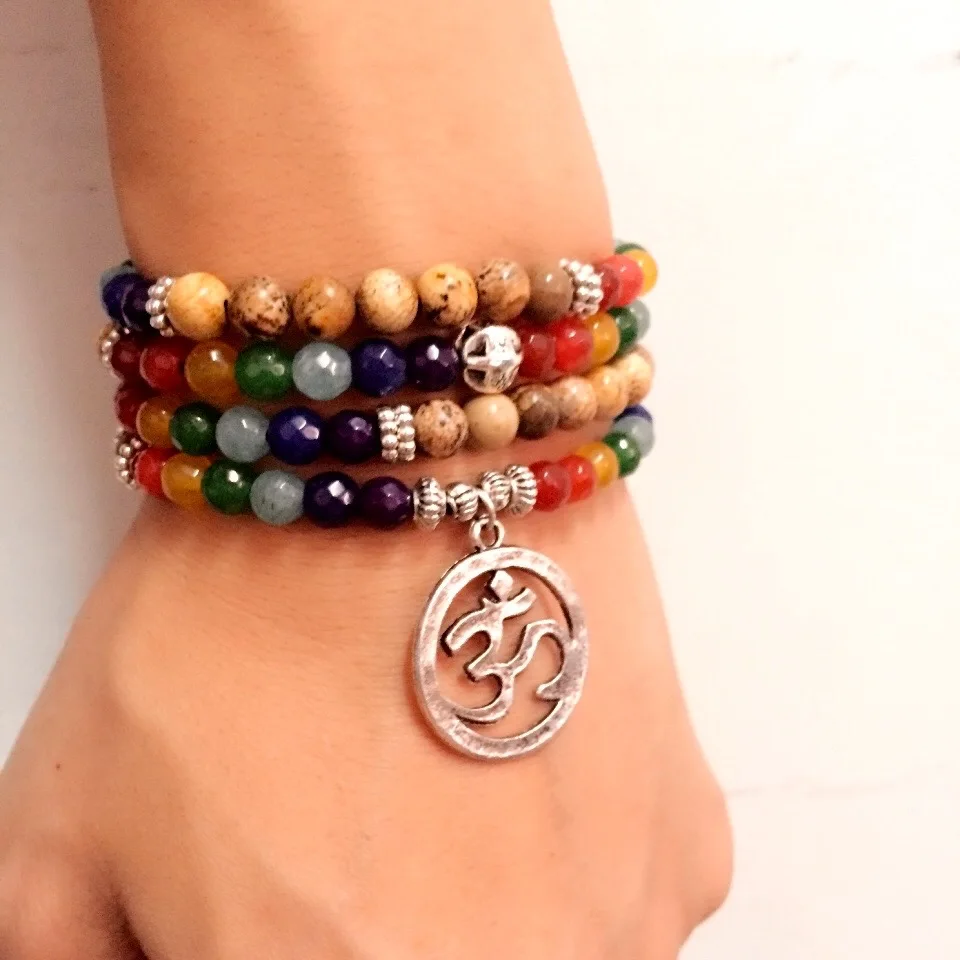 Pulseira de cura do equilíbrio de chakra, pulseira de pedra de cura reiki yoga, com contas de 108, bracelete multicamadas feminino e masculino