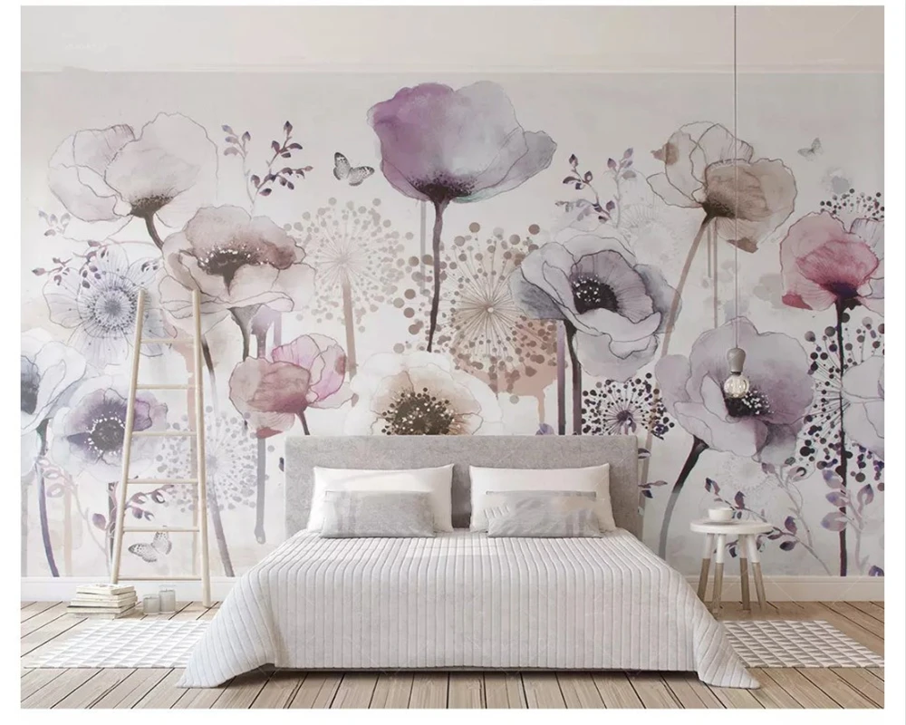 beibehang Eco-friendly silky papel de parede 3d wallpaper watercolor hand-painted style lilac flowers beautiful TV background