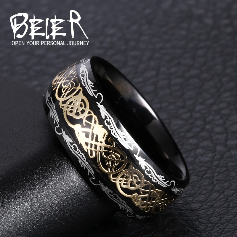 Beier 316L Stainless Steel Viking Runes Golden Dragon Man\'s Ring Blu-ray Simple Fashion High Quality Jewelry LLBR-R050R
