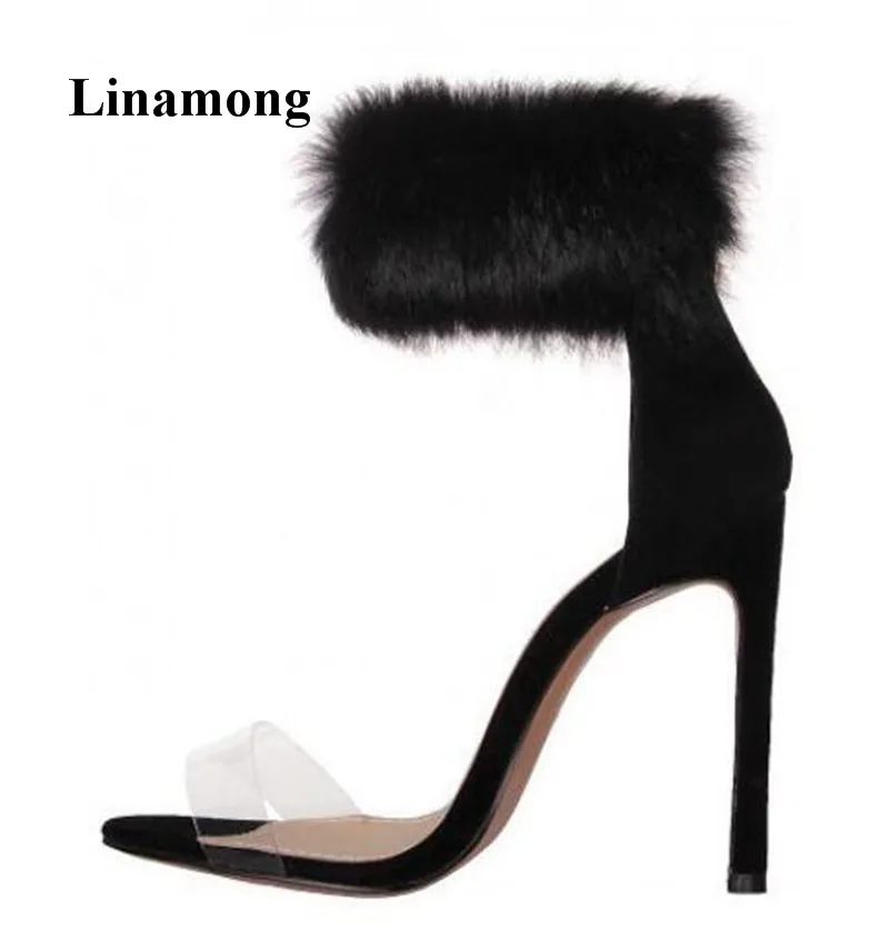 

Women Sandals Pointed Transparent Band And Ankle Strap Faux Fur White Thin Heels Sandals Transparent Band Shoes Faux Fur Sandals