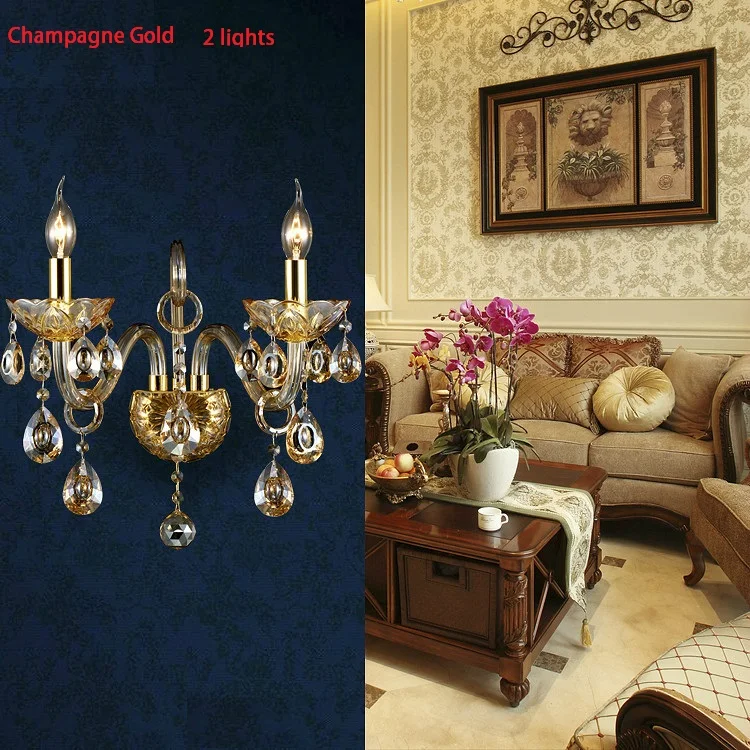 Luxury top K9 crystals champagne gold/cognic silver Crystal Wall Lamp Candle 1/2 lights lampshades beside bed room light