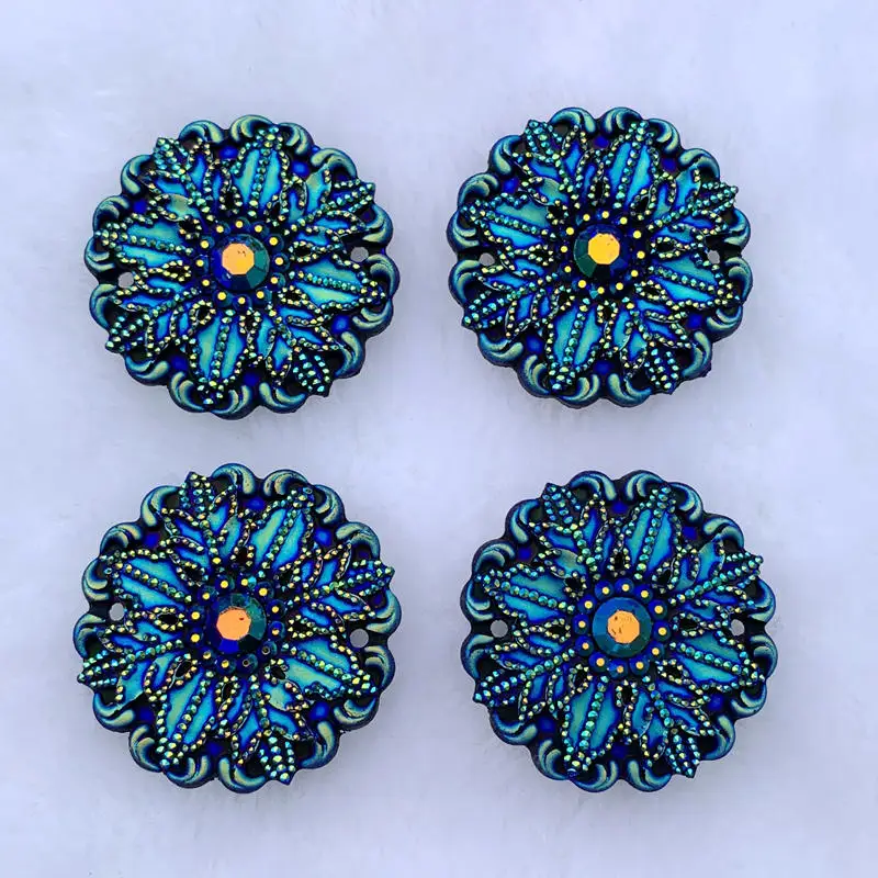 4pcs Round & Flower Powwow Flat Back Resin Rhinestone Stones and black AB Gems For DIY Costume Button Crafts 35mm -S03