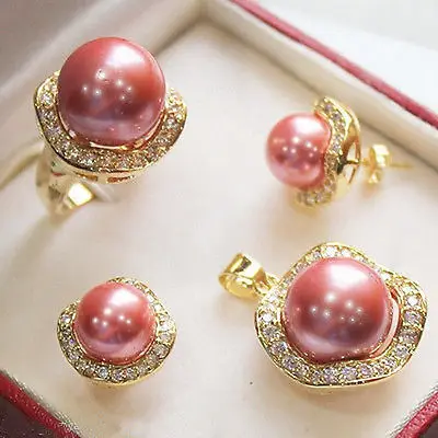 Pink shell Pearl Jewelry Necklace Earring Ring Set + Free chain  new - watch wholesale Quartz stone CZ crystal