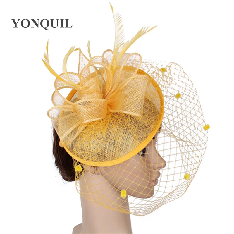 Frau Mariage Mesh Hüte Fascinators Elegante Mesh Hochzeit Kopfschmuck Mit Phantasie Feder Haar Zubehör Cocktail Headwear SYF287