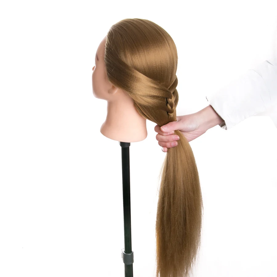 Cabeza de entrenamiento de cabello rubio, 68 cm, cabeza de muñecas de peluquería rubia, maniquíes femeninos, práctica de niña, pelo de fibra sintética barado