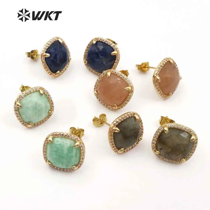 ME053 WKT Wholesale New Arrival CZ Micro Pave Earrings Jewelry Faceted Square Stone For Lady Decorate Fashionable Mini Studs