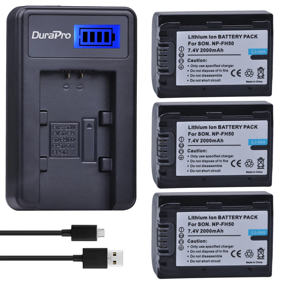 DuraPro 3PC NP-FH50 NP FH50 Bateria + LCD USB Charger For Sony A230 A330 A290 A380 A390 HDR-TG3 TG1E TG5 TG7 DSC-HX1 DSC-HX200