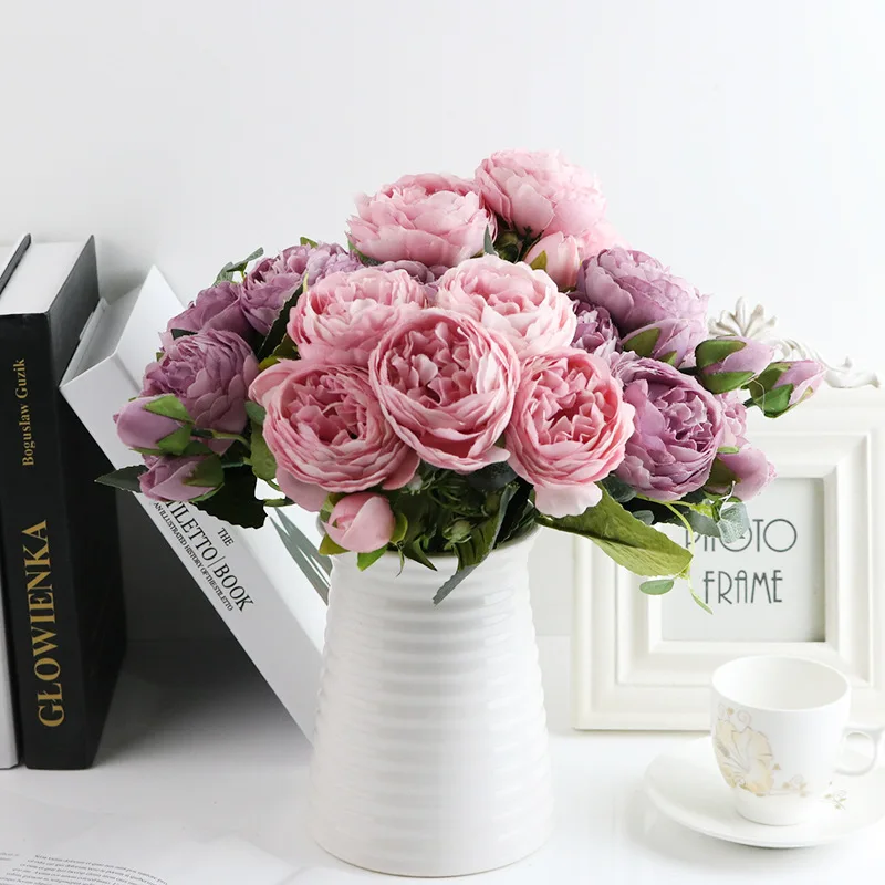 1 Bundle Silk Pfingstrose Bouquet Hause Dekoration Zubehör Hochzeit Sammelalbum Gefälschte Pflanzen Diy Pompons Künstliche Rosen Blumen – Detail 3