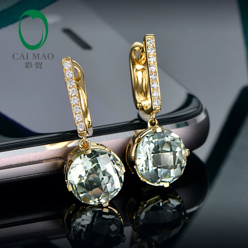 Caimao Jewelry 14KT Gold 8mm Round Cut 3.21ct Green Amethyst & 0.10ct  Diamond Engagement Earrings