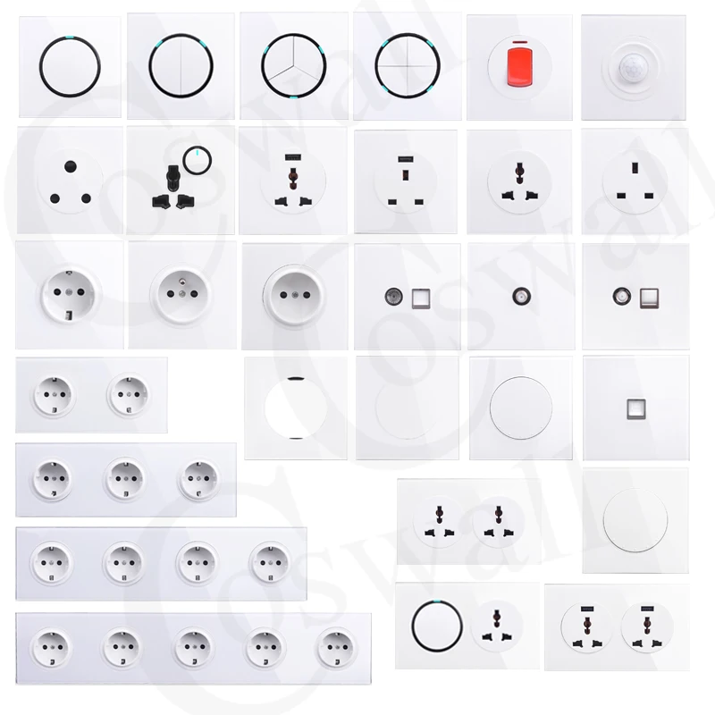 Coswall Crystal Glass Panel 16A EU Standard Wall Power Socket Outlet Grounded With Child Protective Lock Grey Gray R11 Series