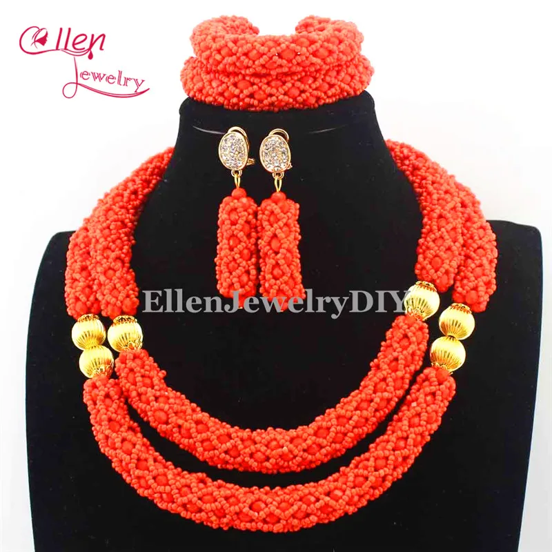 

2019 Latest Nigerian wedding Beads Women Choker Necklace Jewlery Set Orange Crystal African beads Jewelry Sets E1063