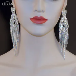 CHRAN Silver Rhinestone Long Tassel Earrings Elegant Crystal Eardrop Festival Wedding Jewelry for Women