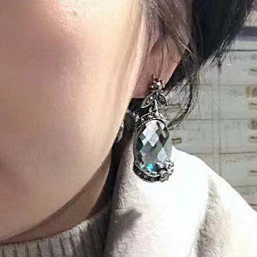 Kinel Hot Brand Design Vintage Flower Big Drop Earrings Antique Tibetan Silver Fashion Jewelry Gray Crystal Earrings For Women