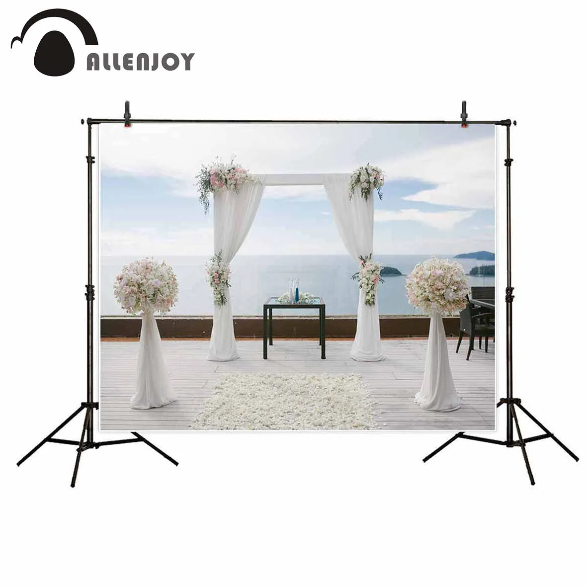 Allenjoy wedding backdrop set up arch outdoor flowers blanket sea sky photo background photo booth decorations photocall