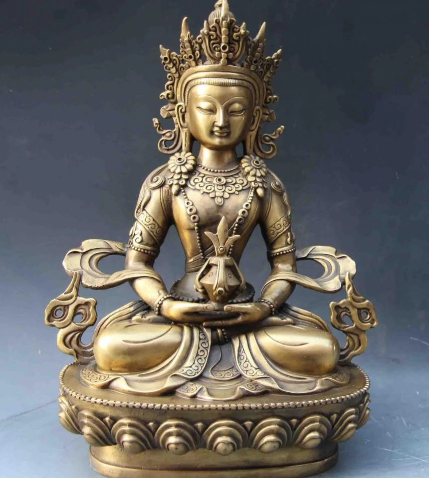 

30CM 12" Tibet Buddhism Temple Brass Copper Longevity Amitayus Buddha Guan Yin Statue