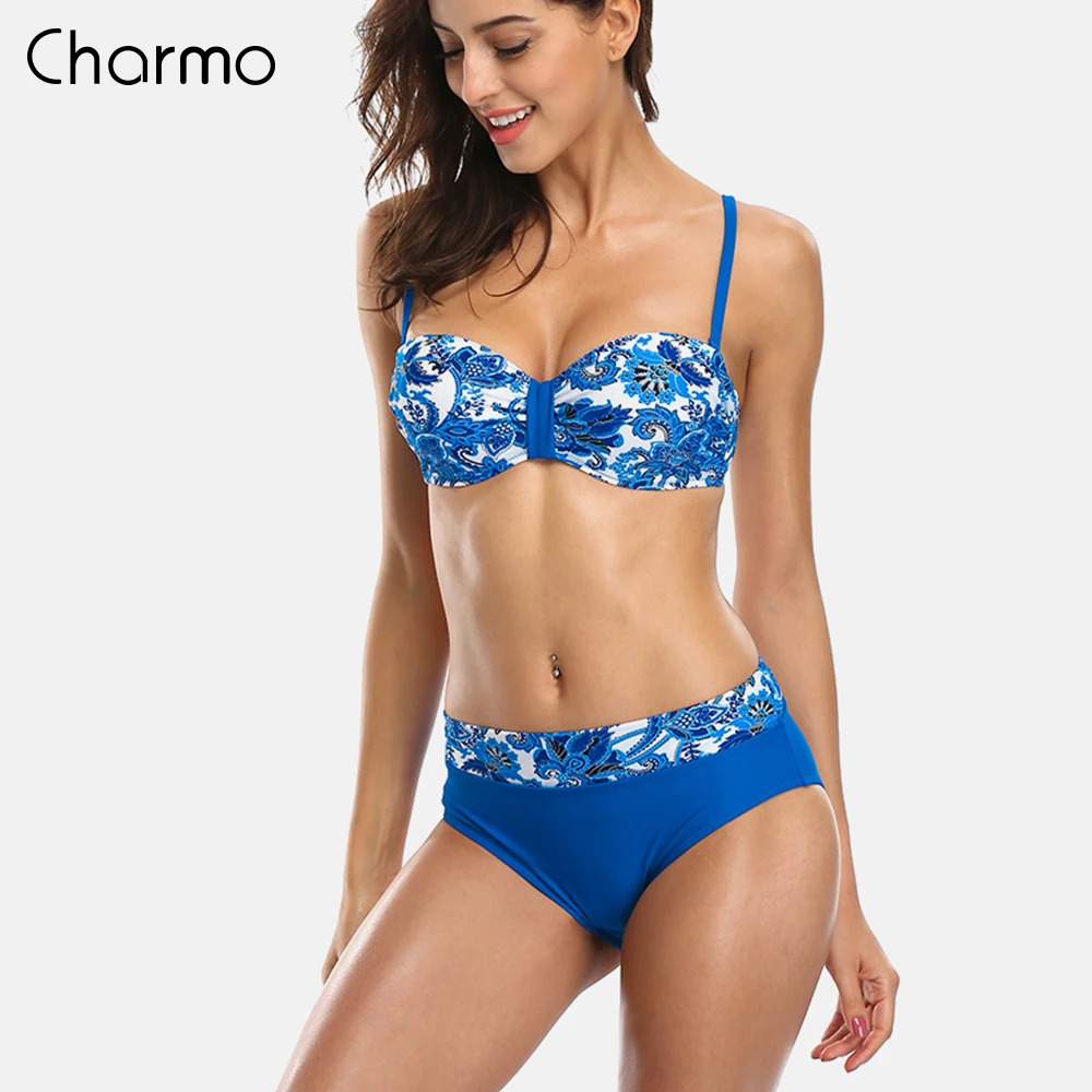 Charmo Women Bikini Set Retro swimwear Striped Bikini Floral Printed Swimwear Women Sexy Swimsuit underwire vintage bikini set