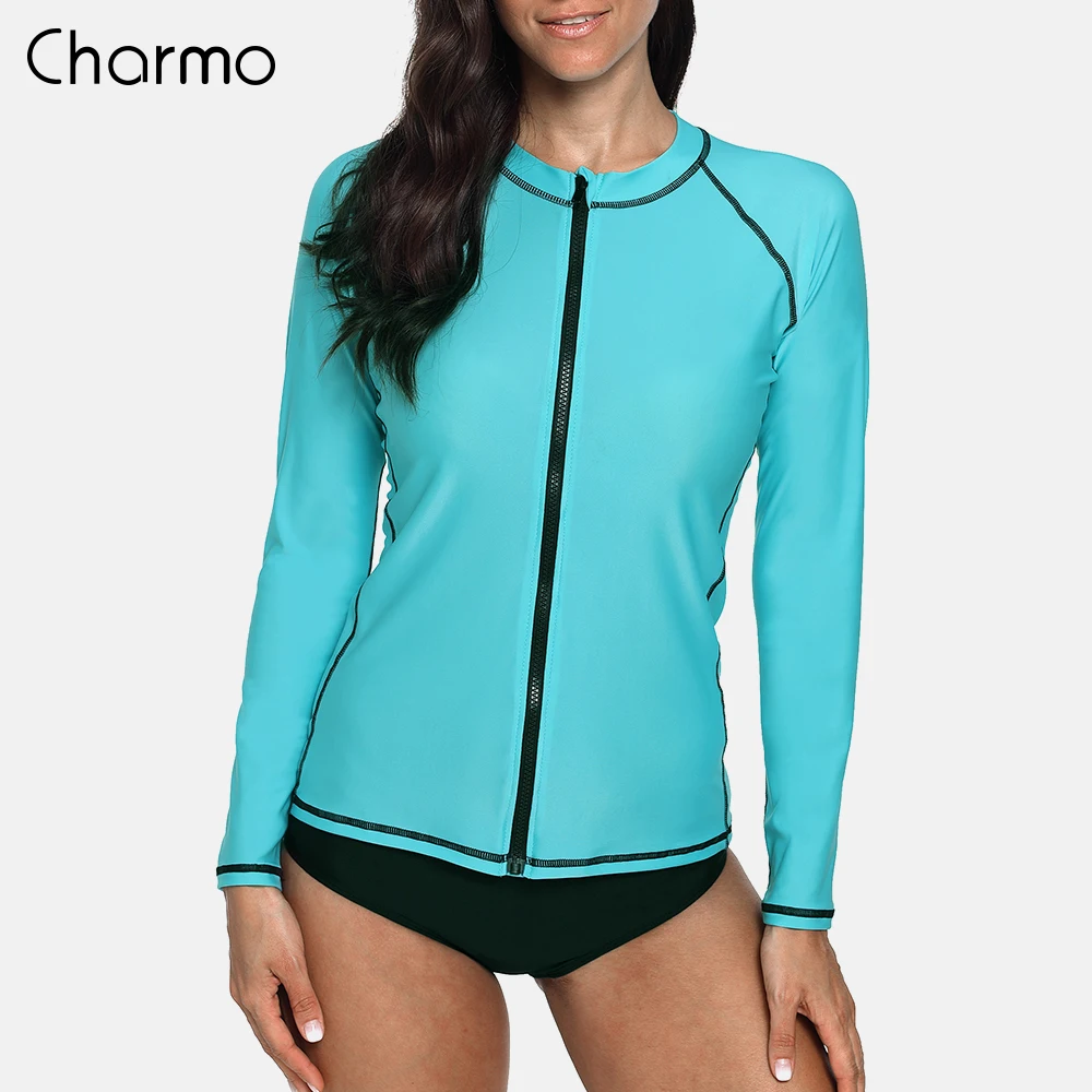 Charmo kobiety z długim rękawem Zipper Rashguard strój kąpielowy jednolity kolor straży wysypka stroje kąpielowe Surfing Top do biegania jazda na