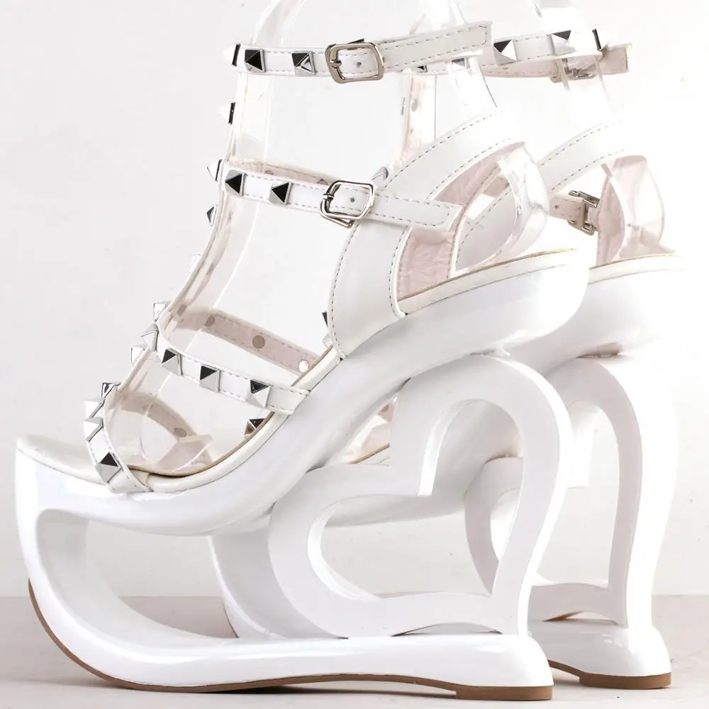 LF40219 SHOW STORY Punk Rockabilly Spikes Strappy Heart Heel Wedge Evening Sandals