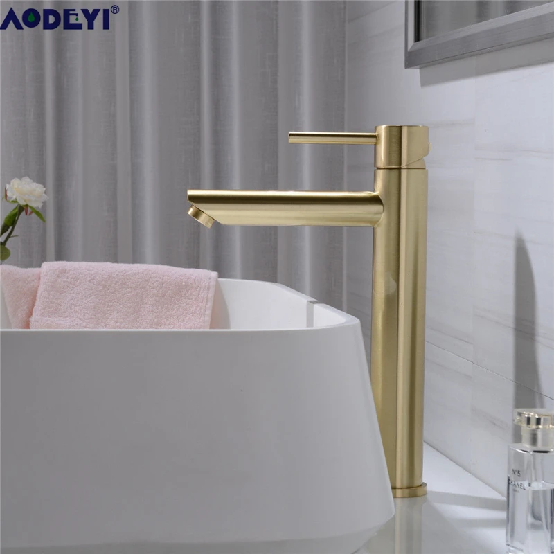 

AODEYI Brass Bathroom Basin Sink Mixer Taps, 12.8" Height Brushed Gold or Matte Black Lavatory Mixing Faucets 12-010