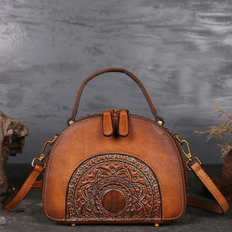 Genuine Leather Messenger Shoulder Bag Woman Handle Embossed Luxury Real Cowhide Ladies Tote Bag Vintage Female Cross Body Bags