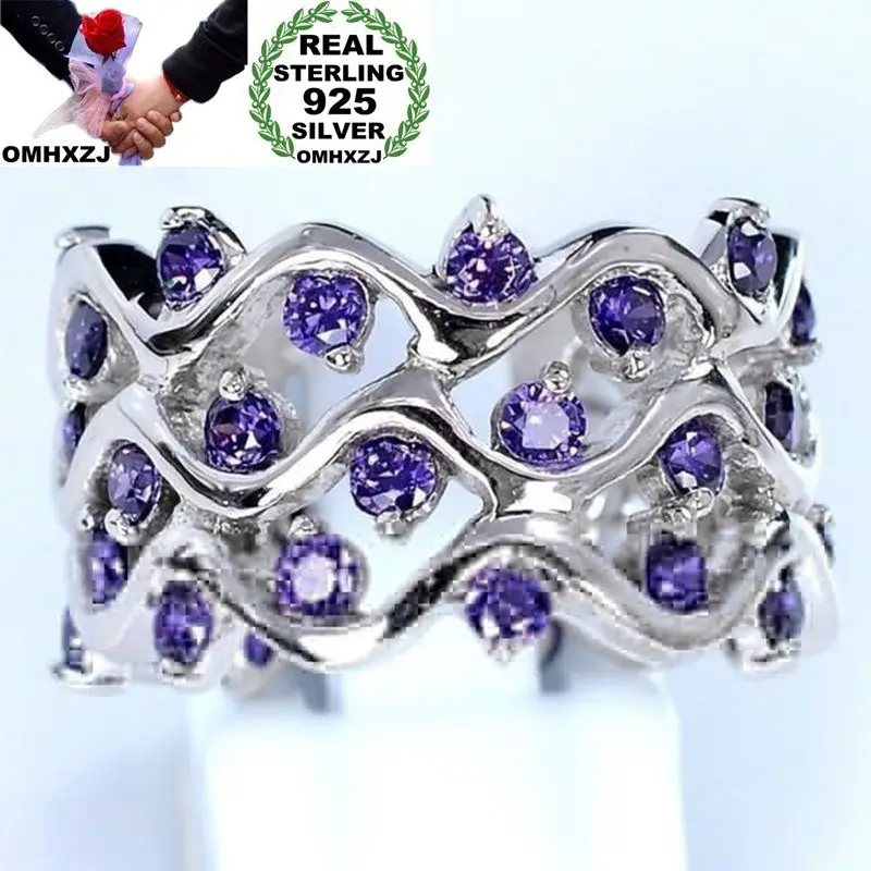 

OMHXZJ Wholesale European Fashion Woman Girl Party Wedding Gift Silver Purple Wave Amethyst 925 Sterling Silver Ring RR16