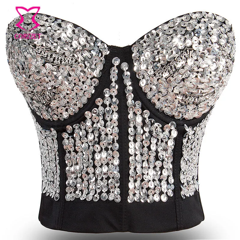 

Striking Silver Burlesque Underwear Women Beading Sequins Studded Brassiere Push Up Bra Sexy Lady Bustier Bras Punk Dancewear