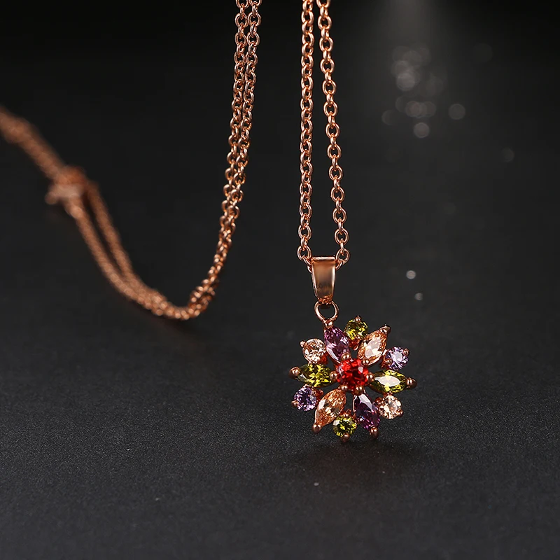 Emmaya Fashion Design Shiny Multi Zircon Necklace Rose Gold Color Flower Pendant Necklaces Chain Jewelry for Women Party