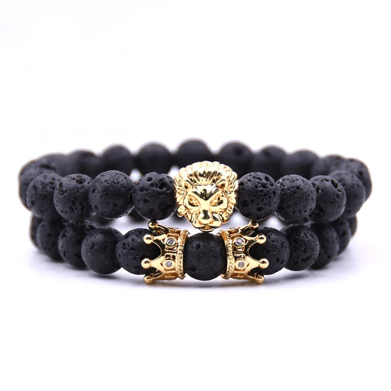 Noter 2pcs/set King Lion Bracelets Men Luxury Crown Braslet 8mm Natural Stone Beaded Brazalete Distance Couple Braclet Pulseira