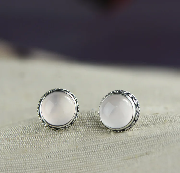 S925 sterling silver Thai silver hand-inlaid natural white chalcedony earrings