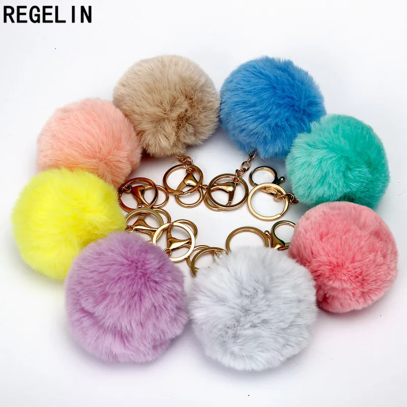 REGELIN Lovely Fluffy Pompom Keychains Artificial Rabbit Fur Ball KeyChain Women Bag Charms Jewelry Gift Pompom Keychain