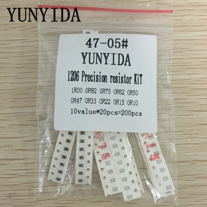 200PCS  1%  1206 SMD resistors assorted kit set ,10 valueX20pcs=200pcs 1R00 R820 R750 R620 R500 R470 R330 R220 R150 R100