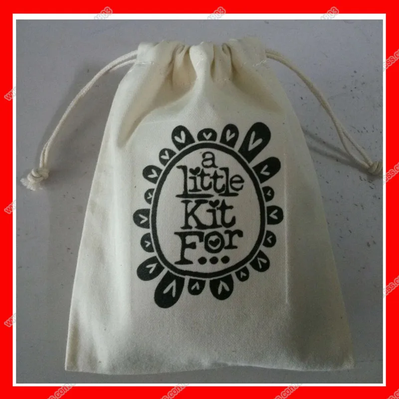 (500pcs/lot)  Size 8x14cm natural eco blank cotton drawstring bag with logo printed