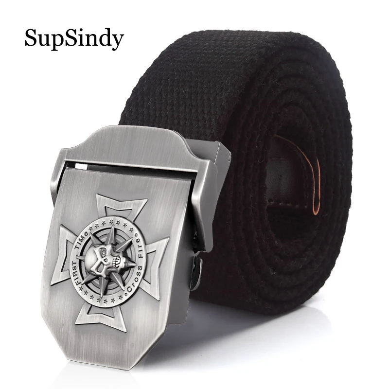 SupSindy Men Canvas Belt Cross Skull Metal Buckle Army Military Tactical Belts for Men Fashion Jeans Waistband Male Strap Black