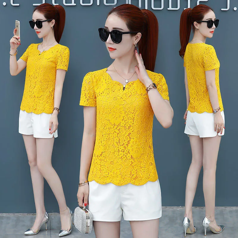 Tops blusas feminina korean spring autumn women vestidos sweet loose Short sleeve yellow lace shirts female