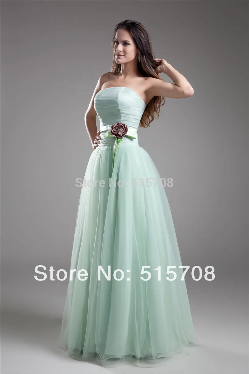 Free Shipping  Pleat Strapless Light Green Floor Length Formal Prom Gowns Flower Sash Tulle Bridemaid DressesCustom Make